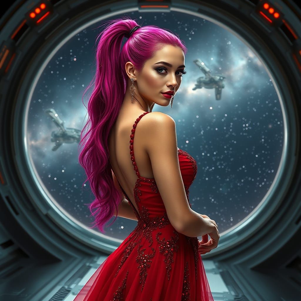 Magenta Haired Woman in Red Gown, Futuristic Space Station