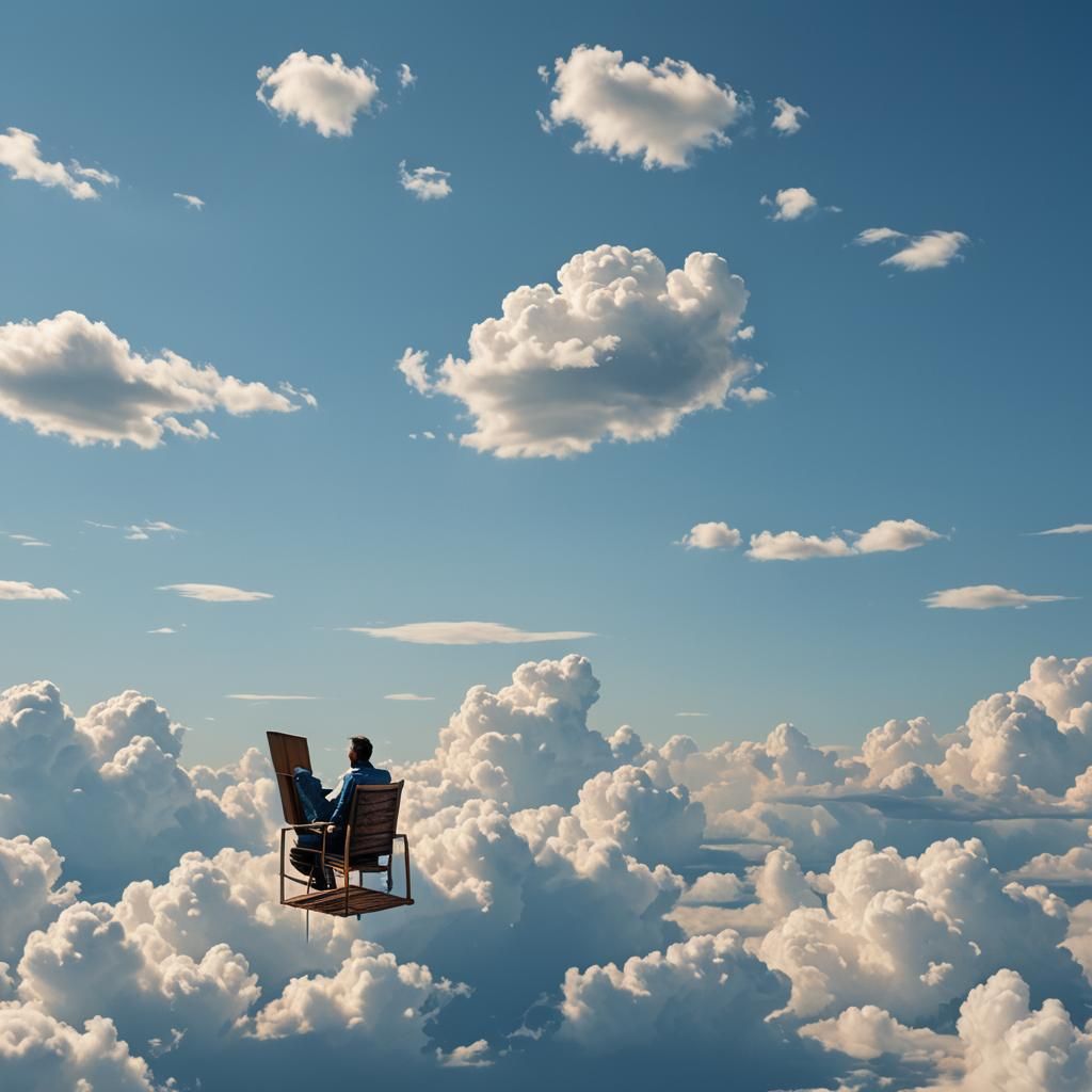 Man in Floating Chair on Cloud in Blue Sky