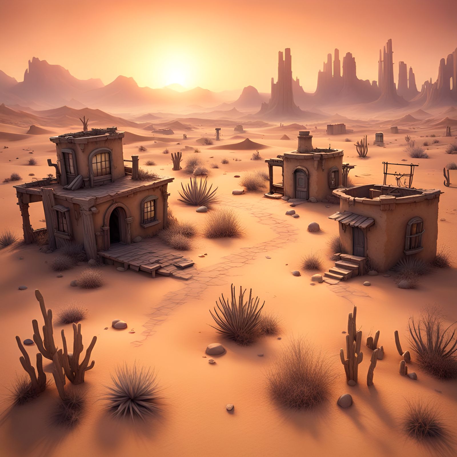 Desert Wasteland Sunrise with Fairy Town