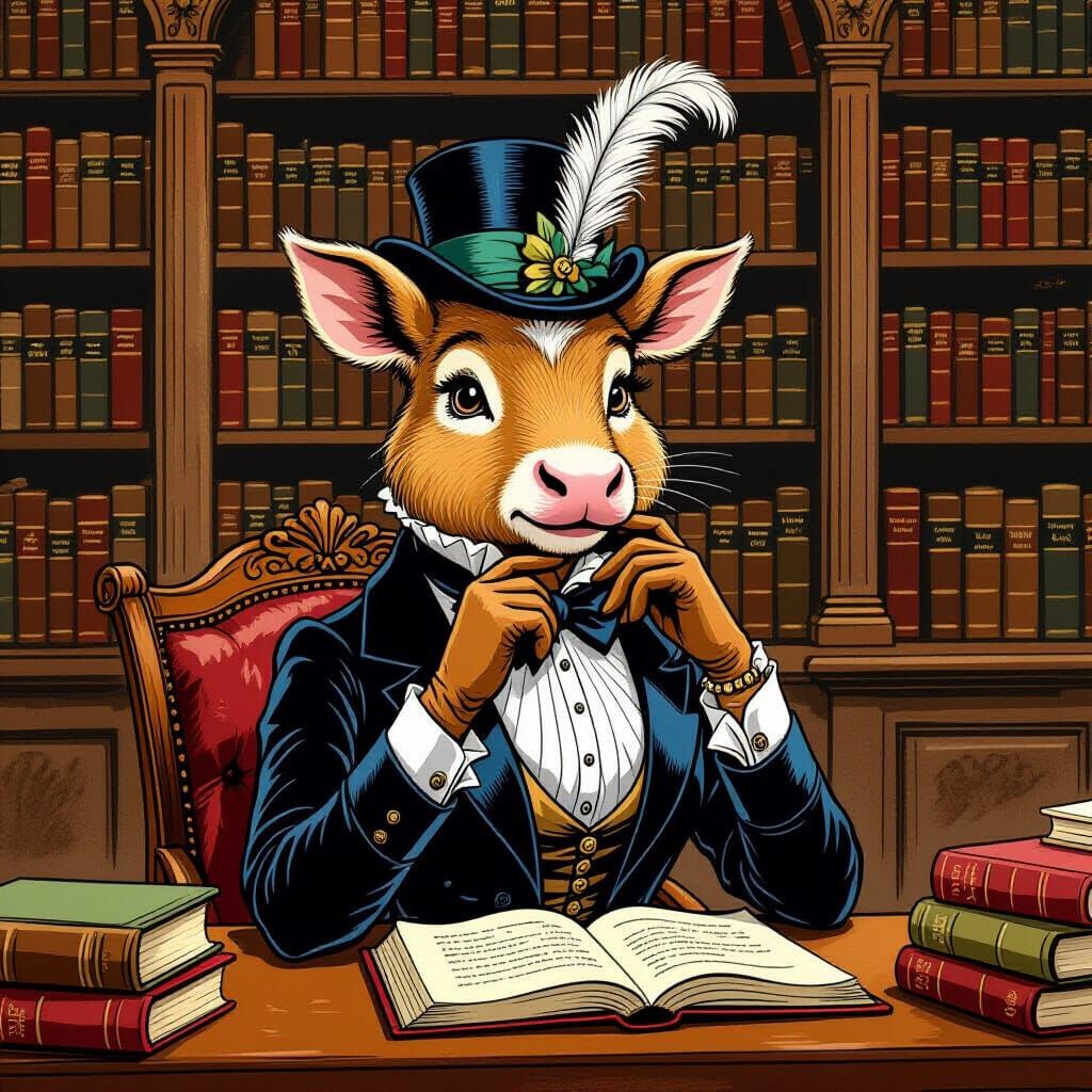 Elegant Author in Library, Whimsical Illustration