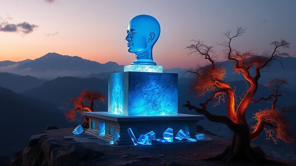 Mystical Temple with Glowing Heads in Dreamlike Landscape