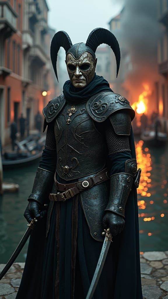 Dystopian Venetian Warrior in War-Torn Cityscape
