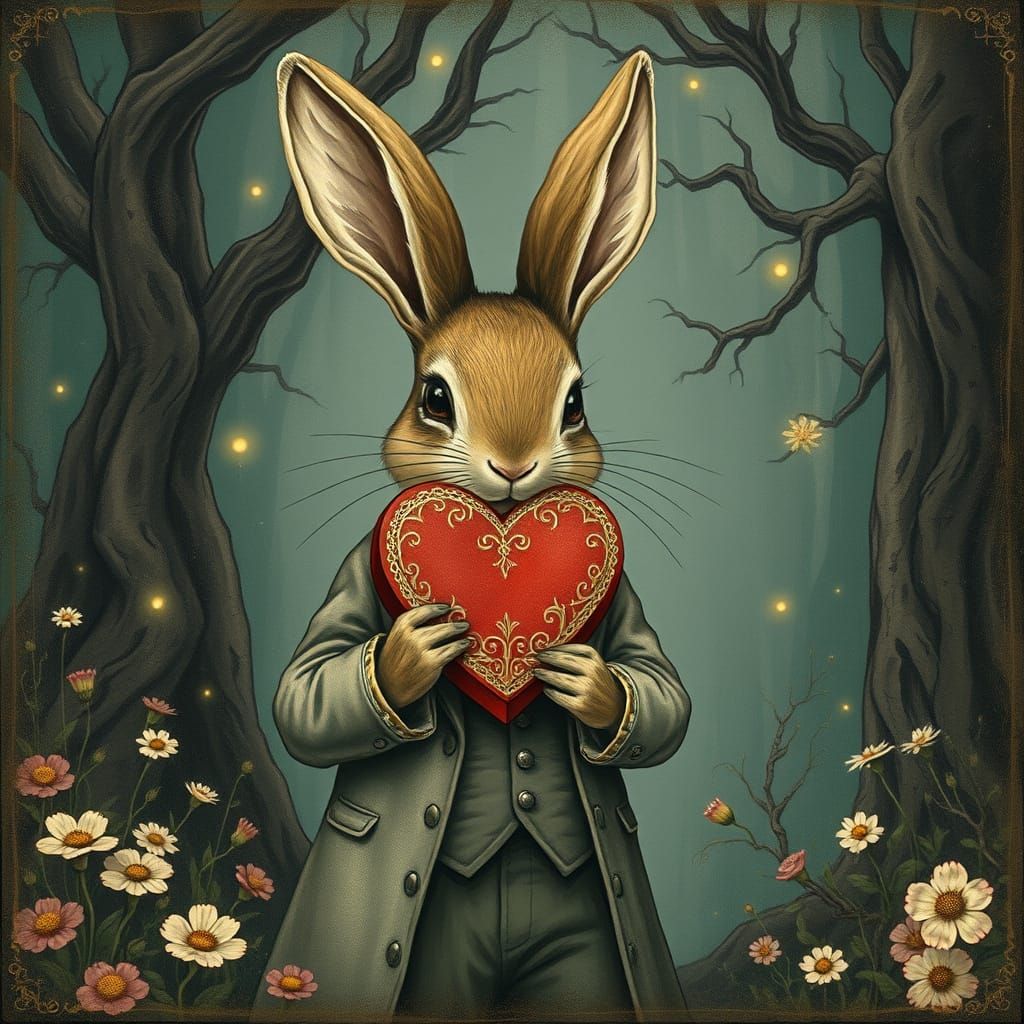 Gentle Rabbit in Victorian-Inspired Suit Holds Antique Heart...