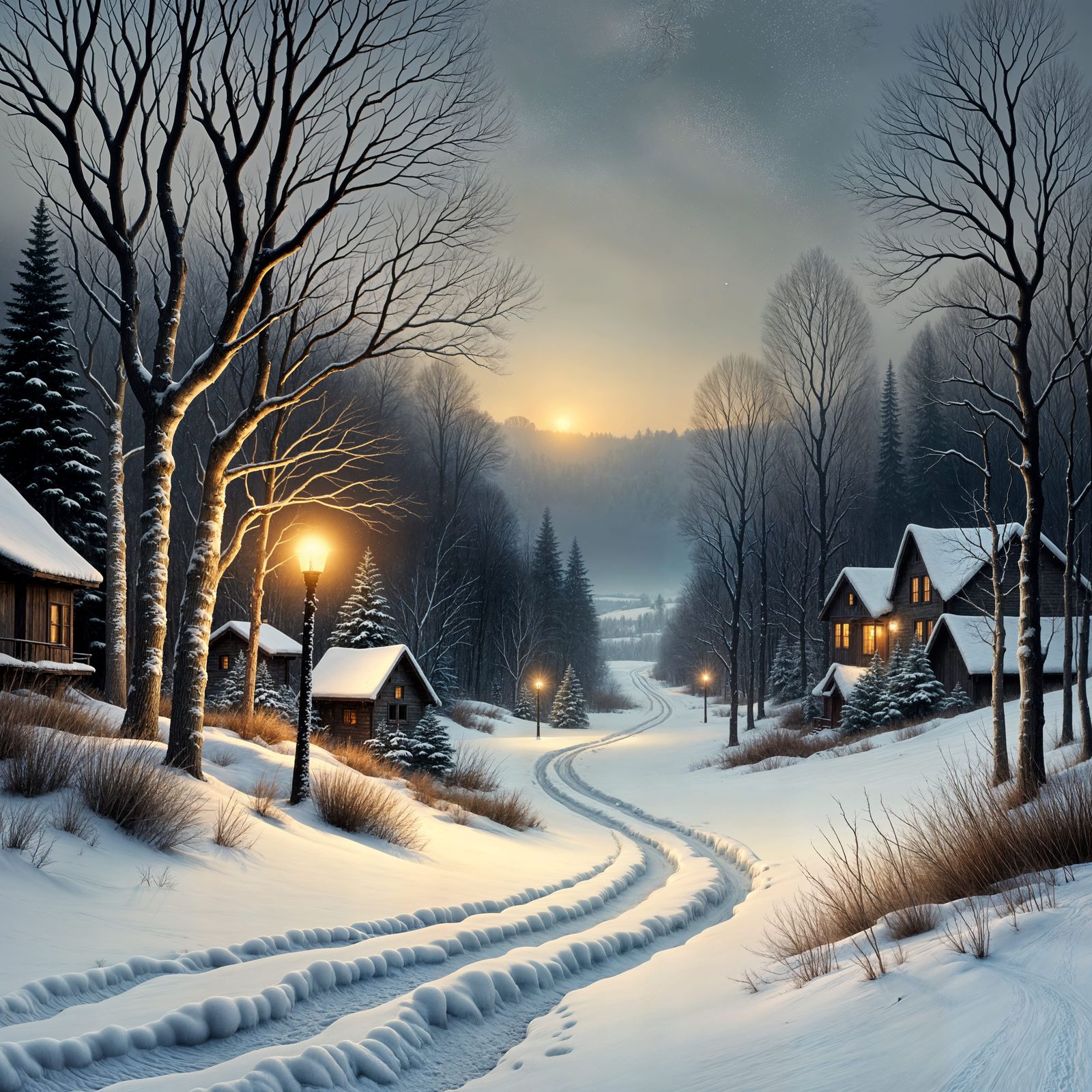 Winter Night Landscape in Antique Watercolor Style