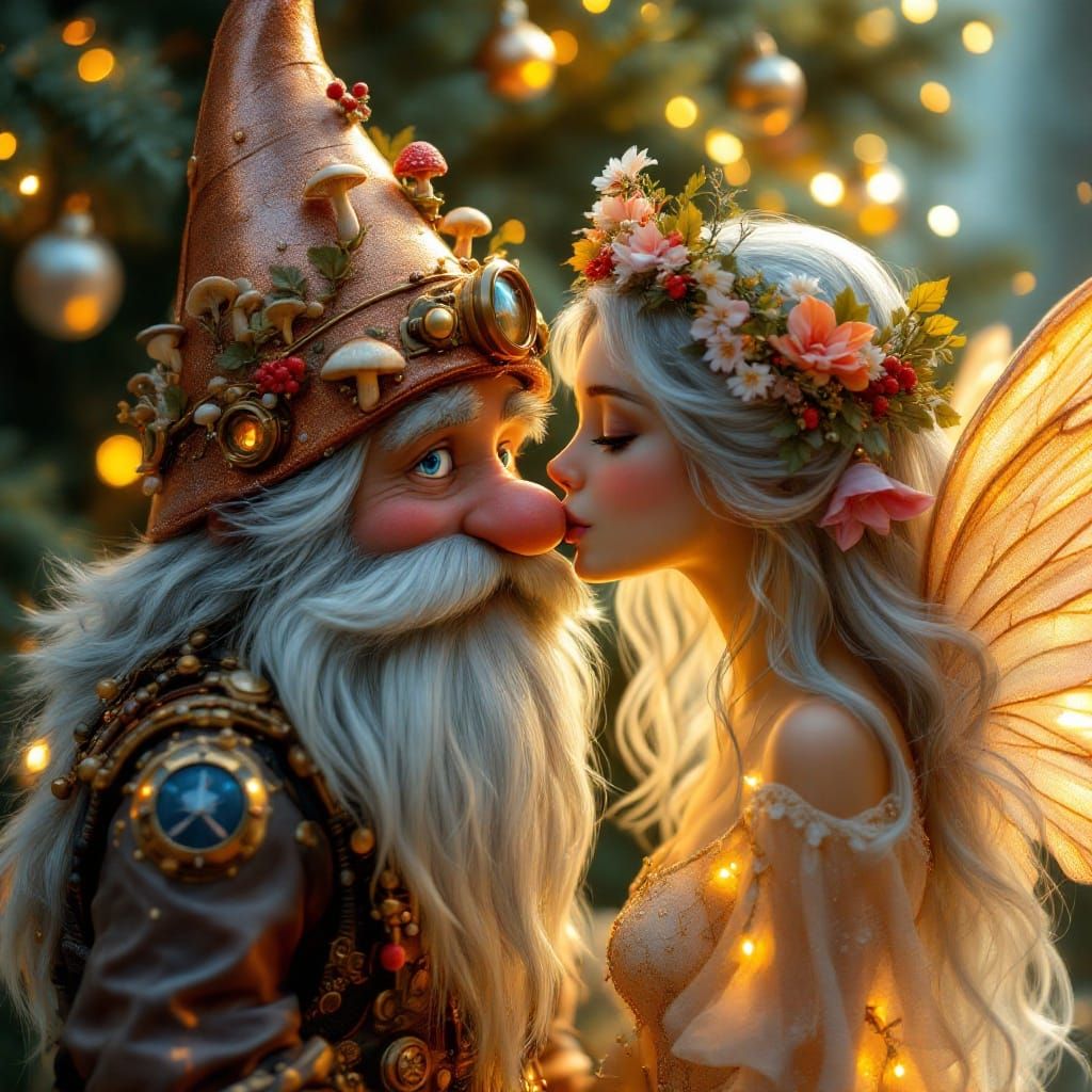 Steampunk Christmas Gnome and Angel Share Tender Moment
