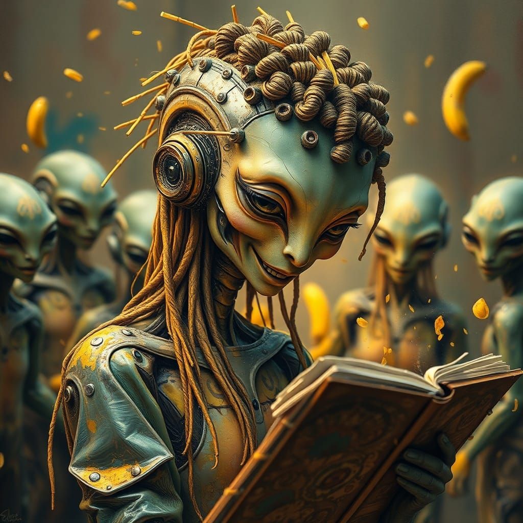 Neo-Impressionist Alien Oil Painting with Mona Lisa Sketch