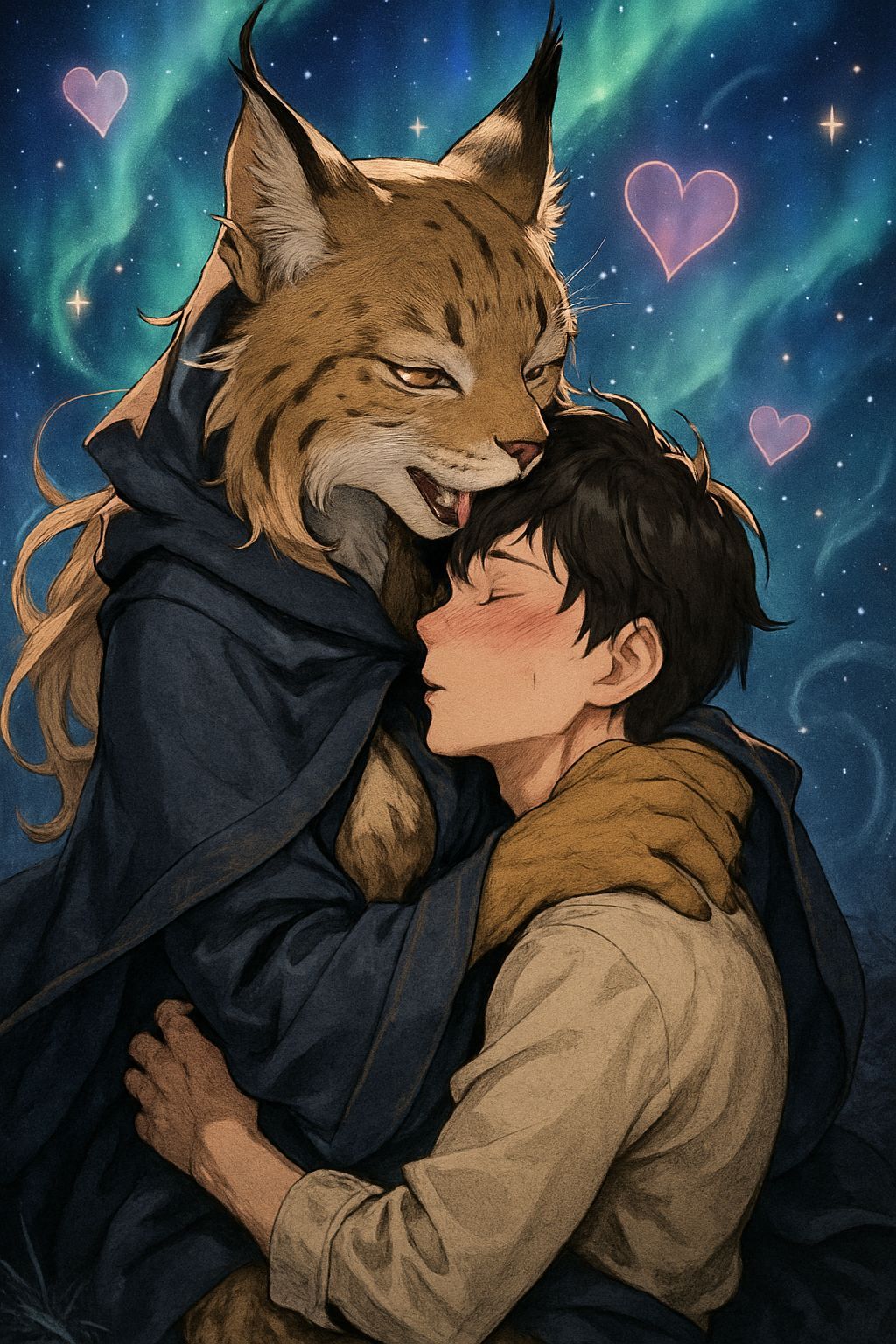 Anime Lynx Hugging Man in Aurora Starlight