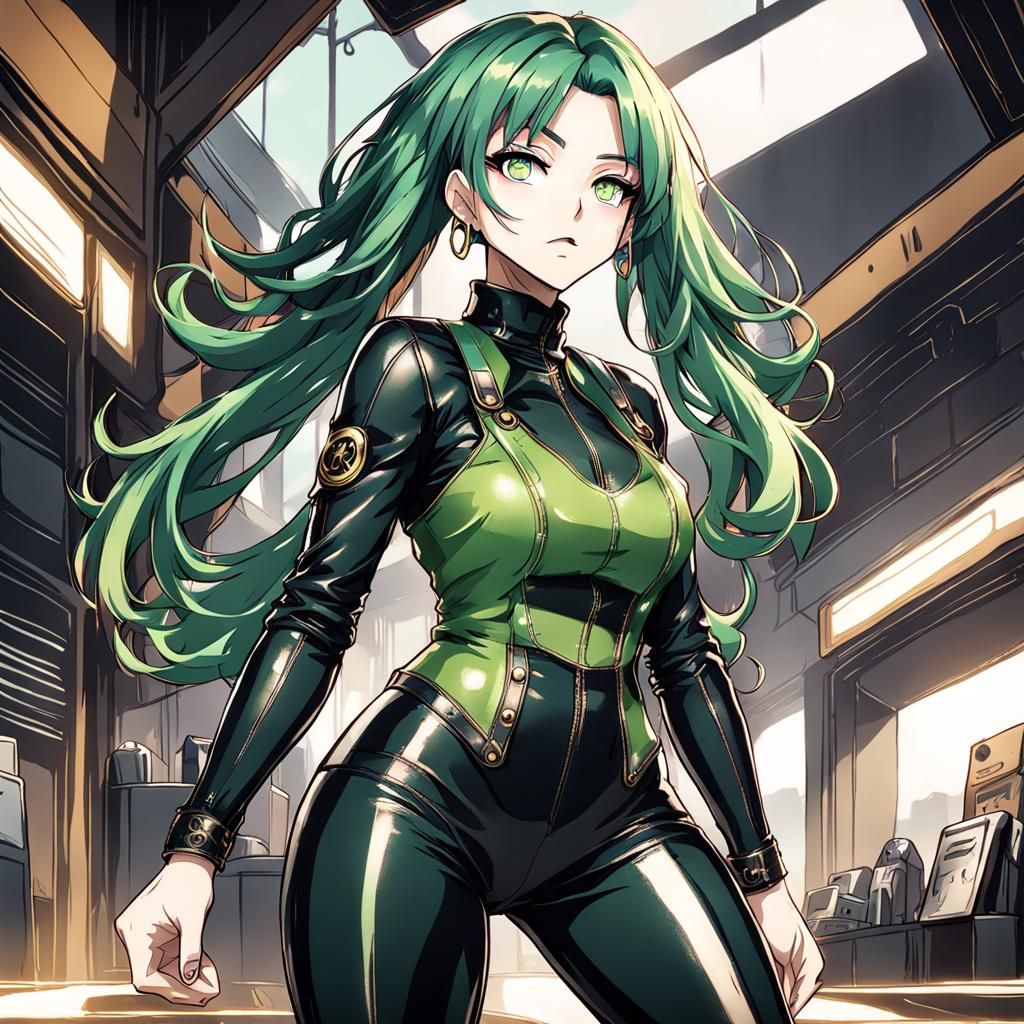 Anime Woman in Leather Bodysuit, Digital Art