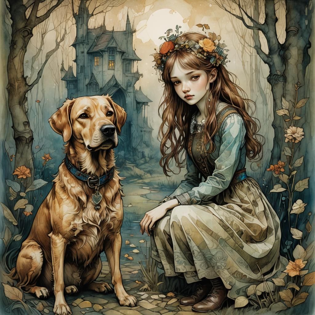 Girl and Dog in Whimsical Digital Illustration