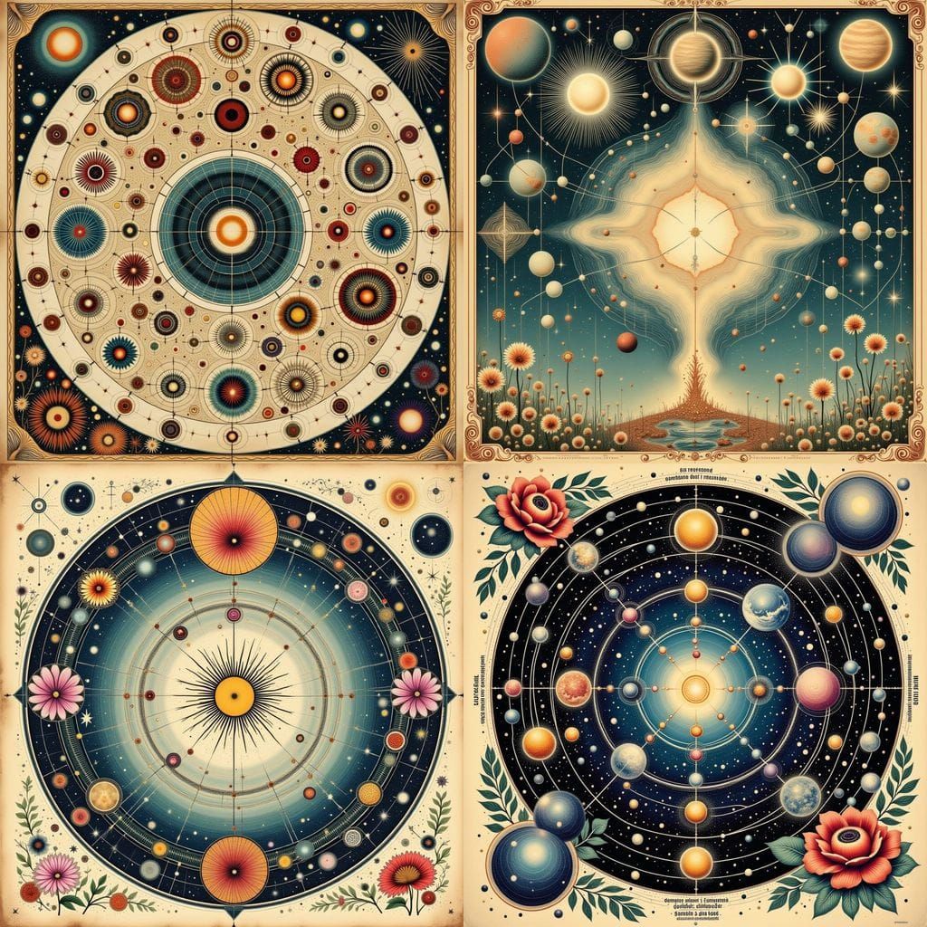 Surreal Cosmic Diagram with Flowers in Vintage French Style