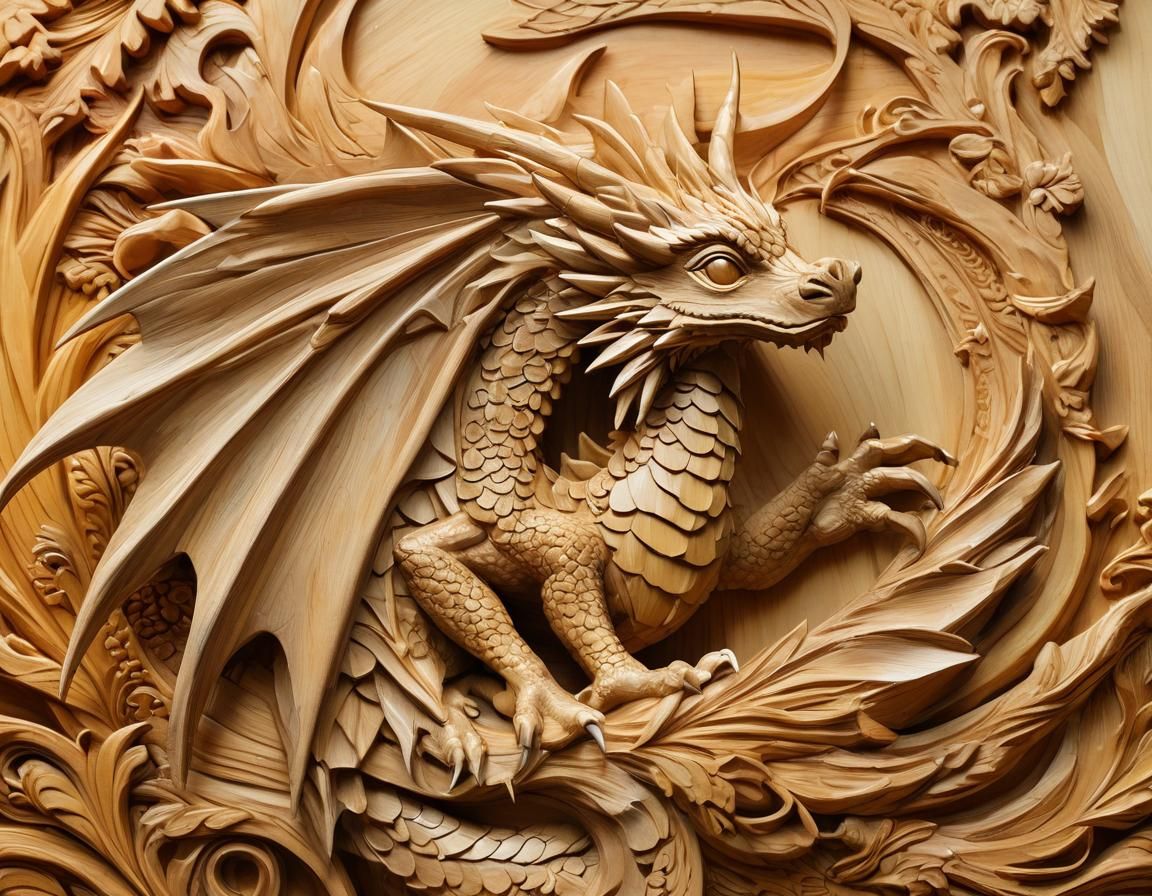 Detailed Wood Carving of Baby Dragon in Oil Painting
