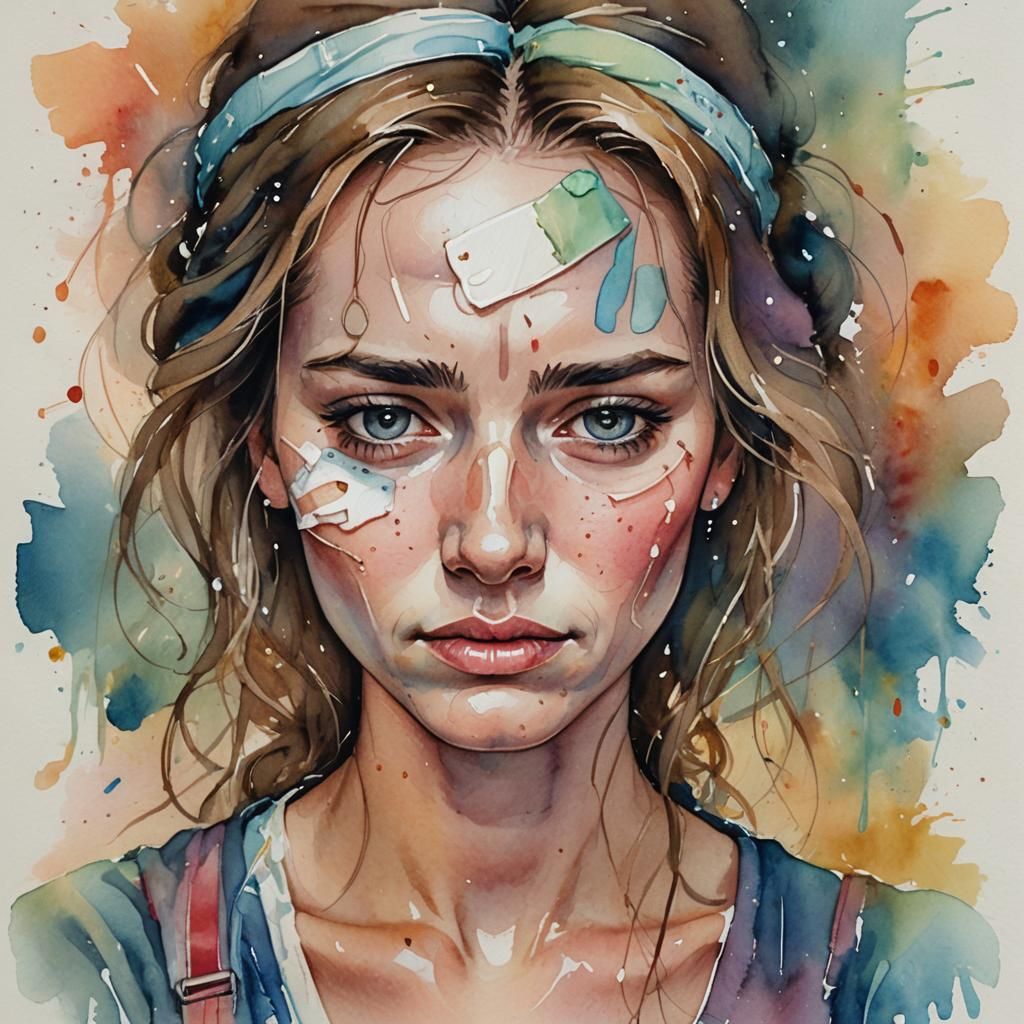 Sad Woman Portrait in Dreamy Watercolor Style