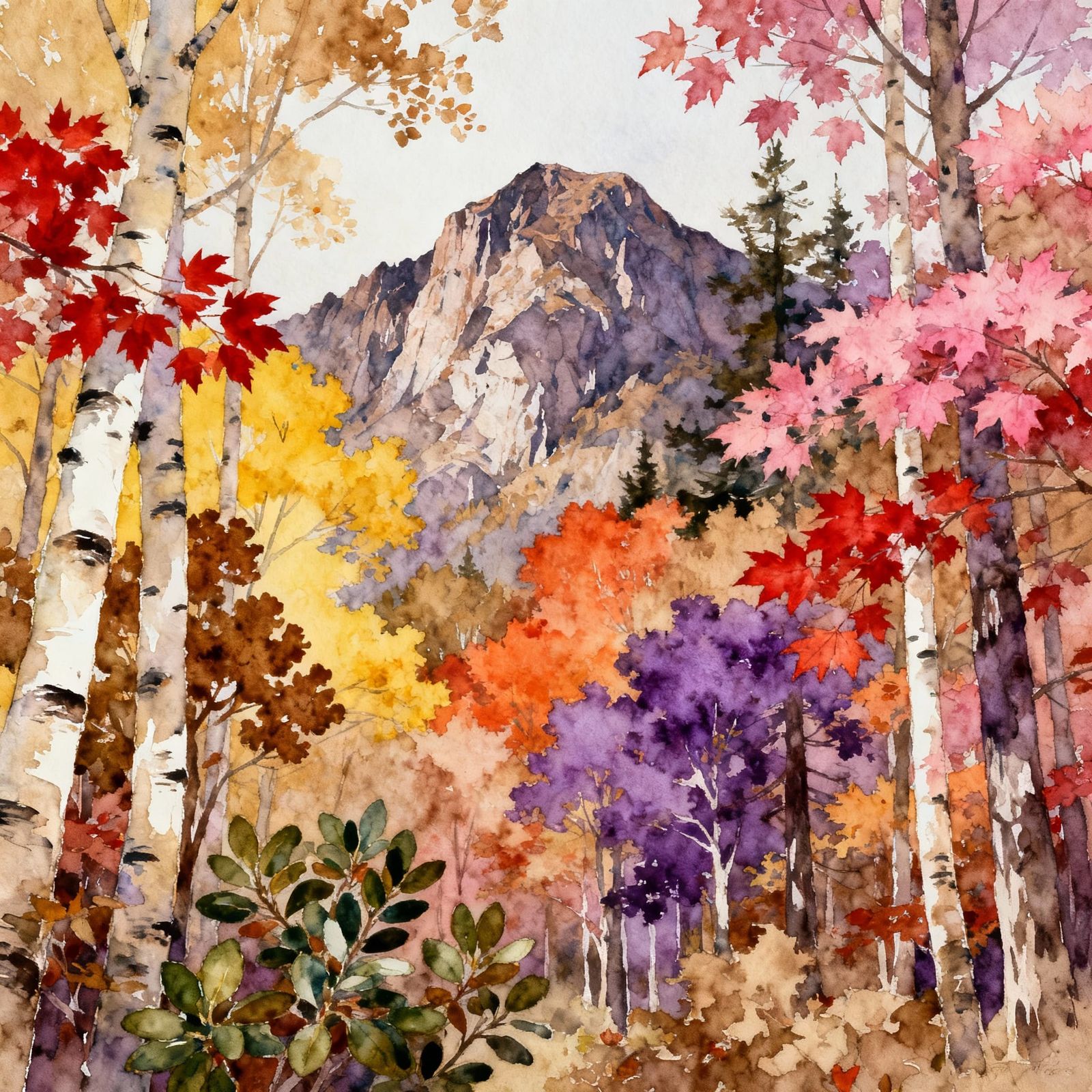 Vibrant Autumn Forest Watercolor Painting with Mountains