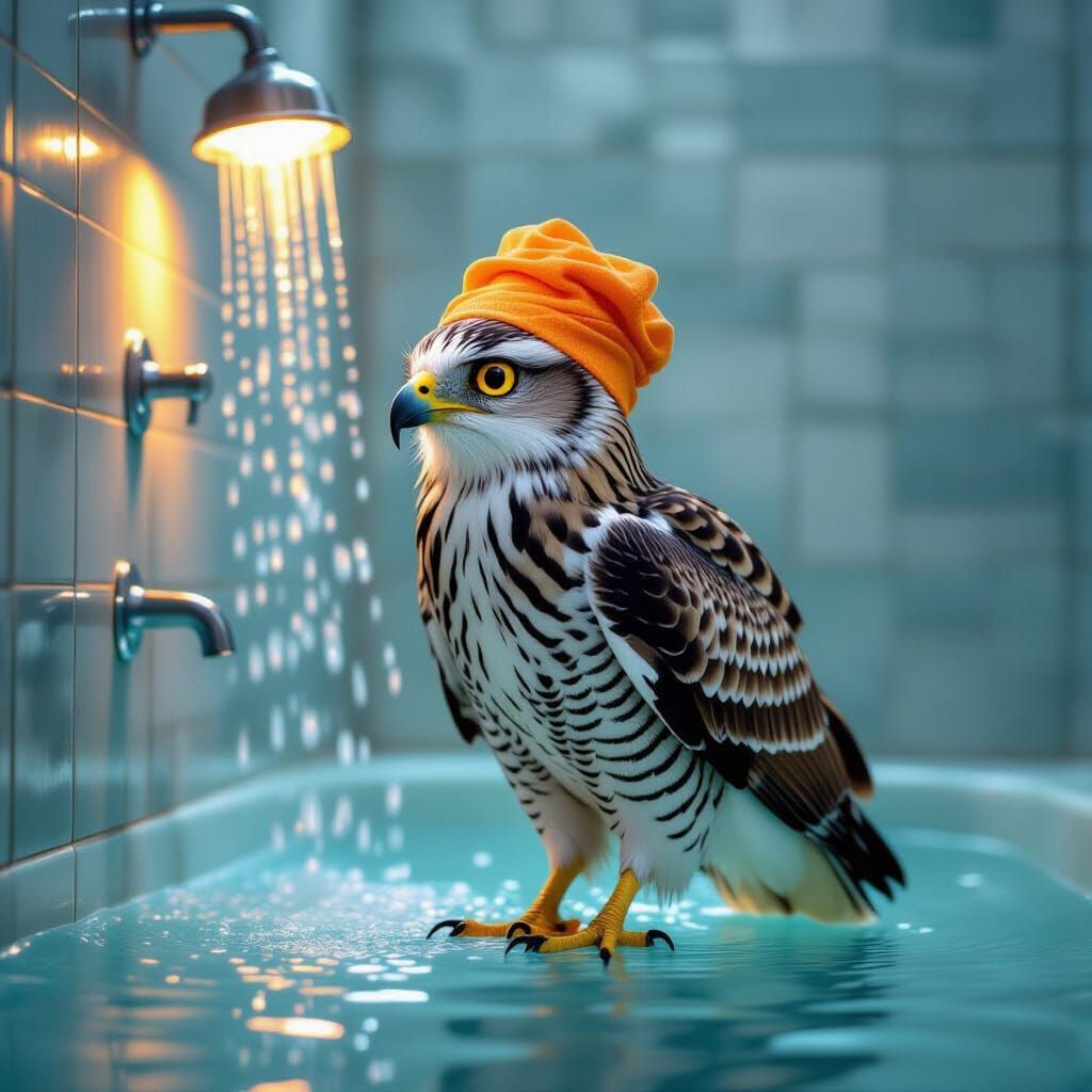Owl in Orange Swim Cap Under Shower, Surrealist Style