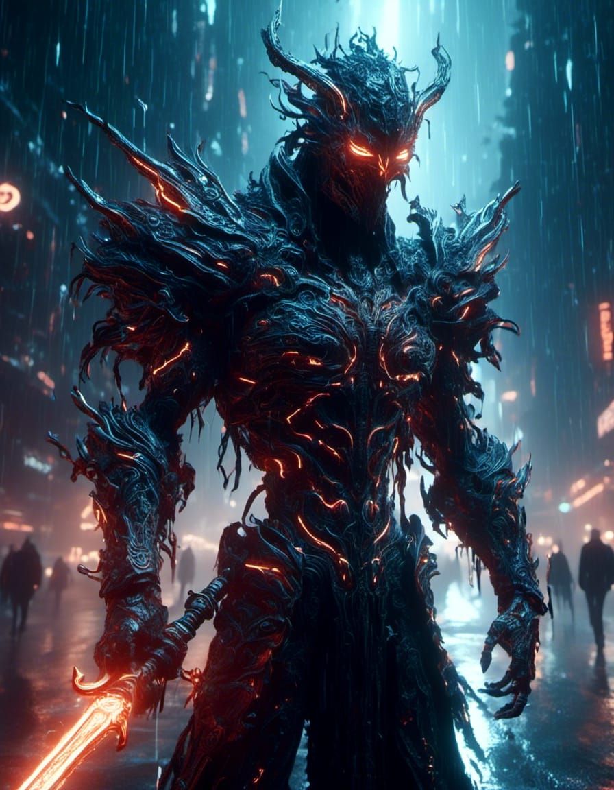 <lora:Glowing runes dark:0.9> tron style guyver sword leaving a trail of light. Cyberpunk <lora:Unreal:1.1> night-time n...