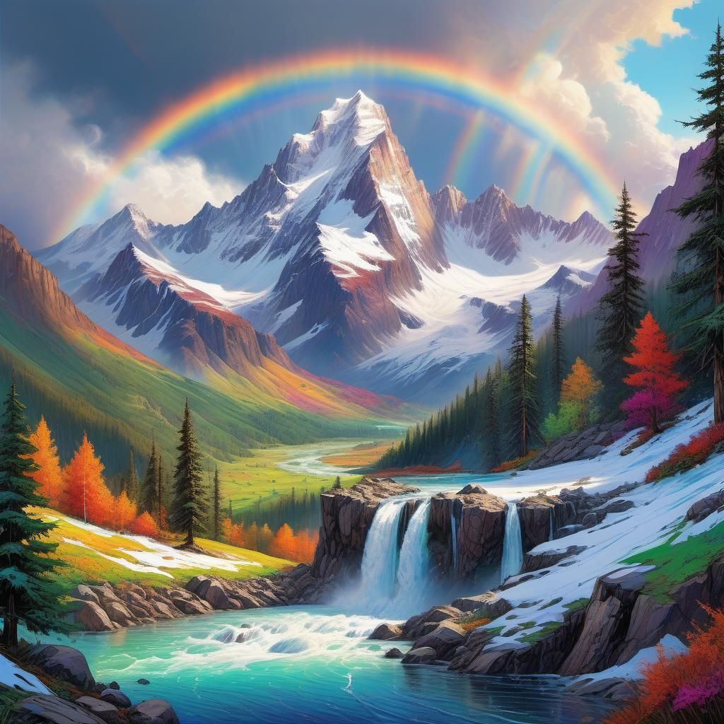 Hyperrealistic Mountain Landscape with Vibrant Rainbow Refle...