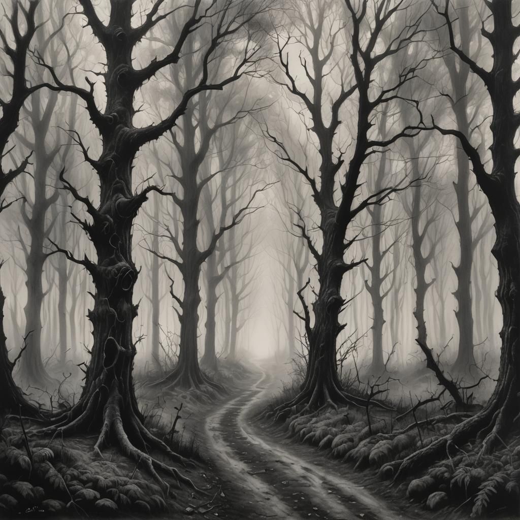 Eerie Forest Path in Charcoal Drawing Style