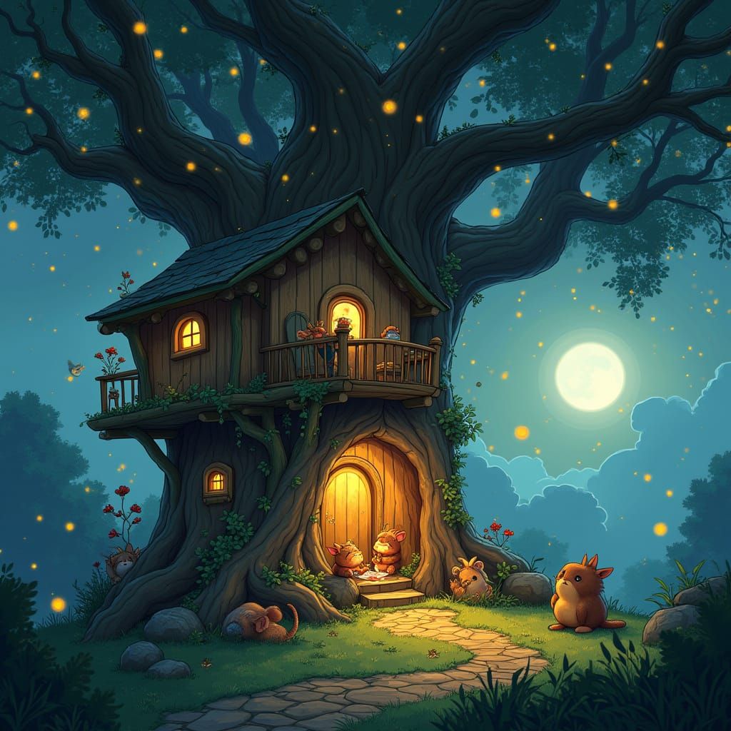 Whimsical Treehouse Hideout With Woodland Creatures