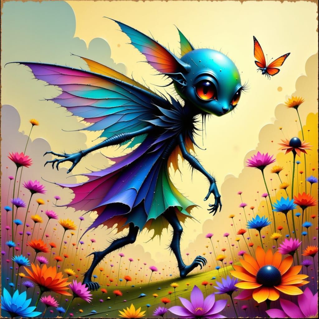 Iridescent Alien Chasing Butterfly, Dreamy Art