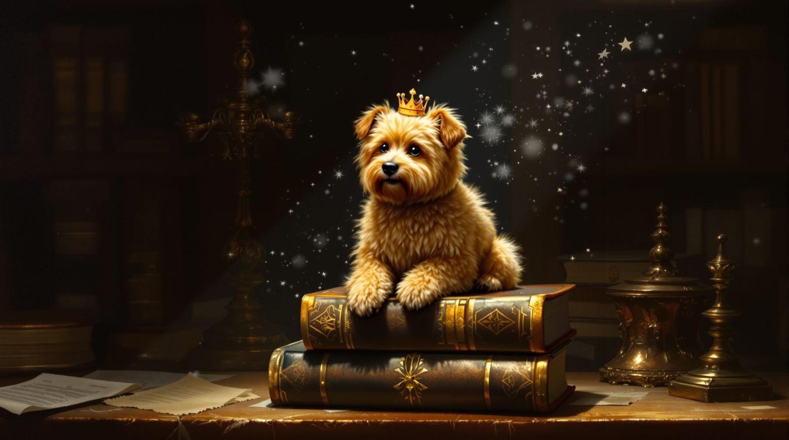 Fluffy Dog King on Books in Dramatic Library Light