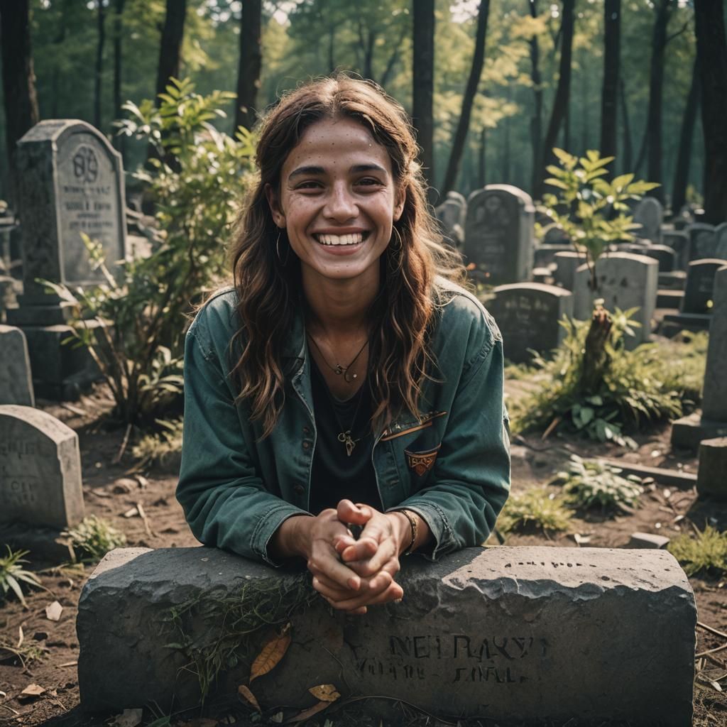 Smiling Woman at Grave: Cinematic Film Still
