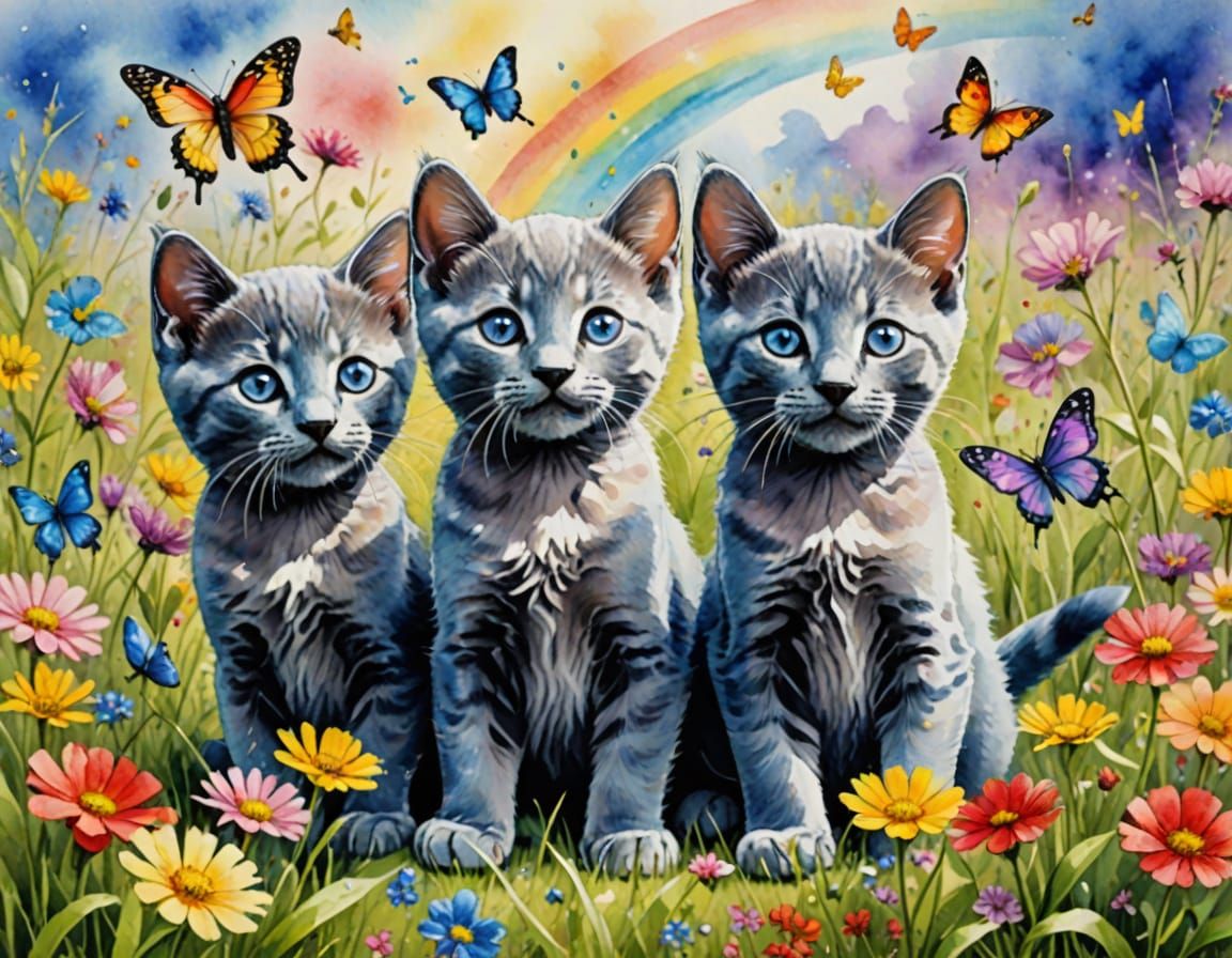 Joyful Russian Blue Kittens in a Vibrant Aquarelle Meadow