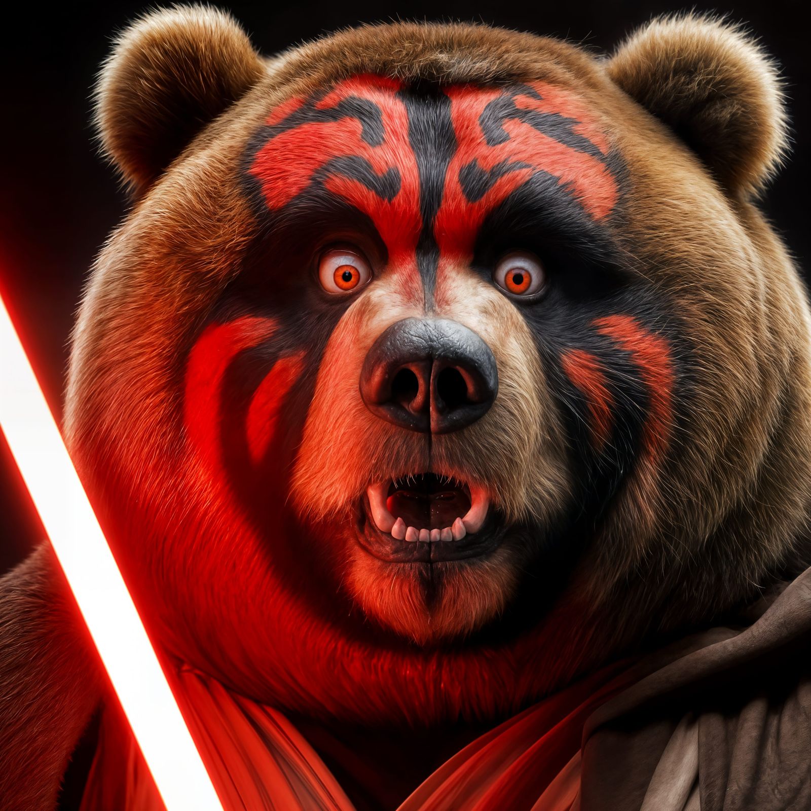 Surprised Darth Maul the Bear Wields a Red Lightsaber