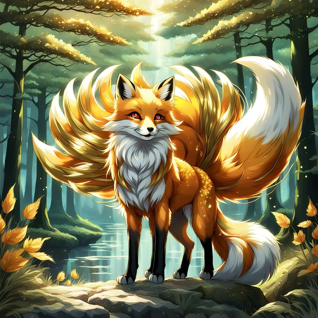 Golden Nine-Tailed Fox in Anime Style