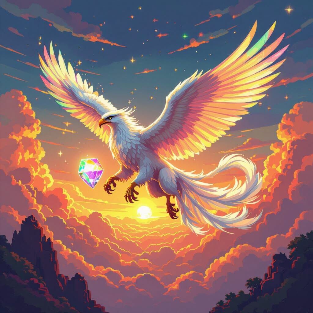 Griffin Soaring Through Pixelated Sky in 8-Bit Style