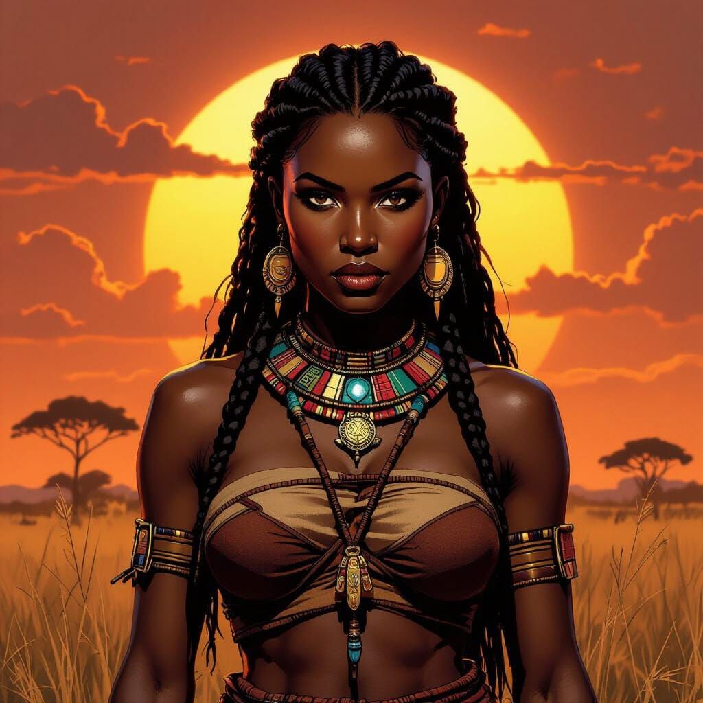 African Warrior Woman on Sunlit Savannah