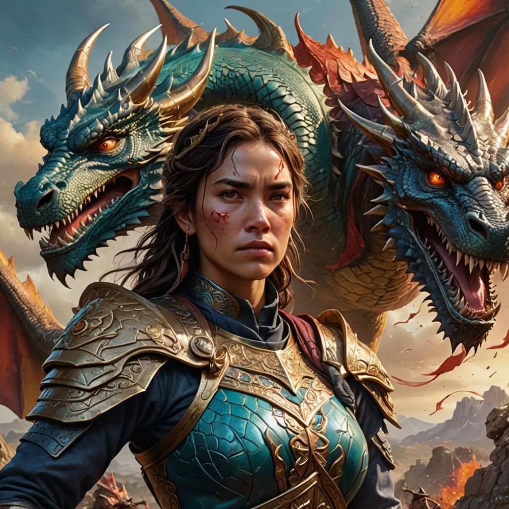 Warrior Woman and Dragon: Hyperrealistic Splash Art