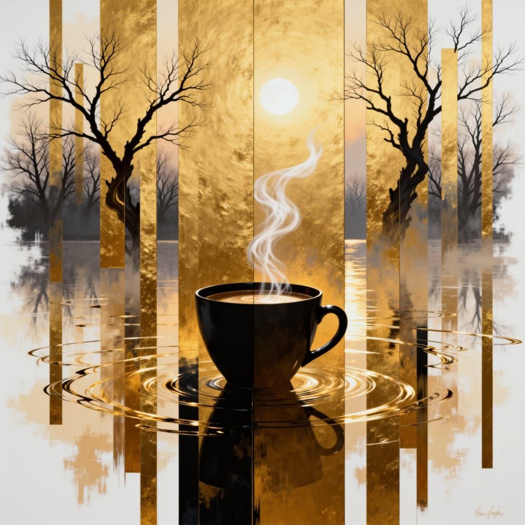 Steaming Coffee Triptych in Golden Hour Watercolor Style