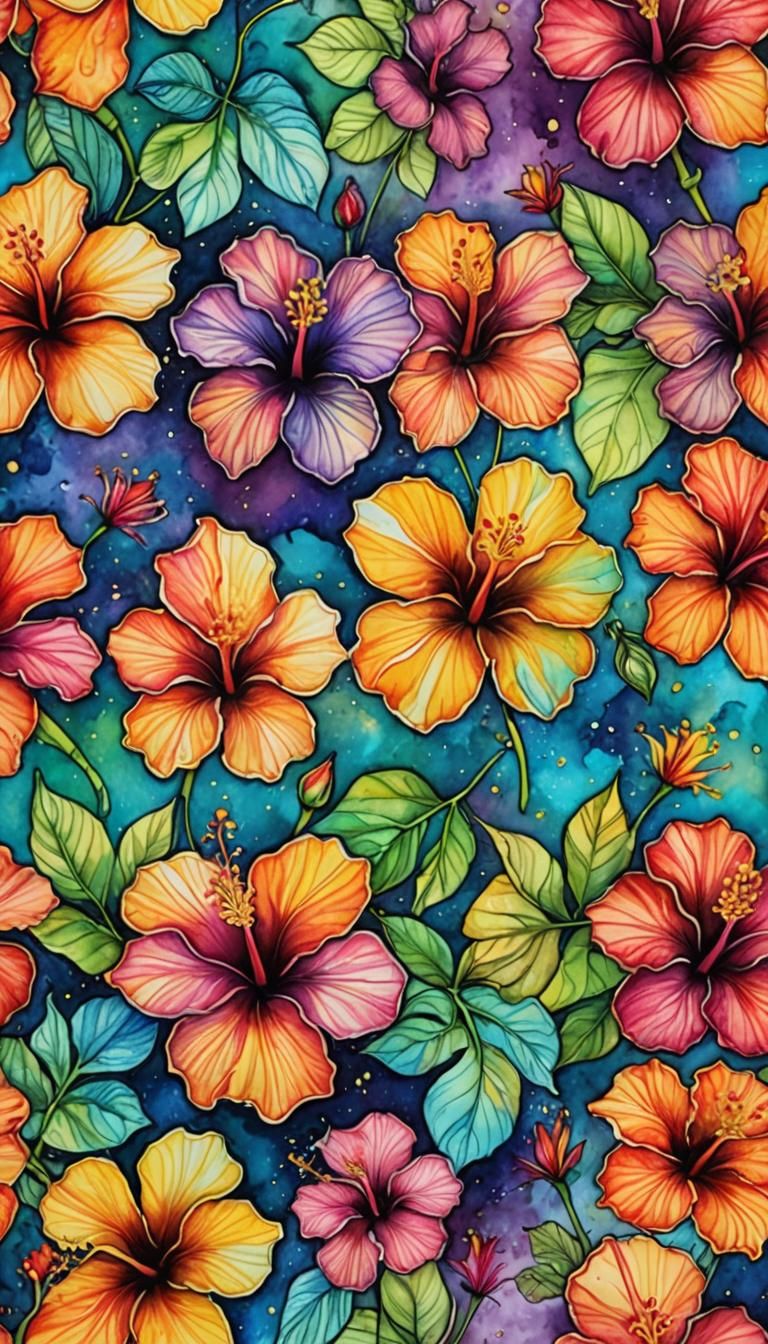 Rainbow Hibiscus Flowers in Surrealist Watercolor