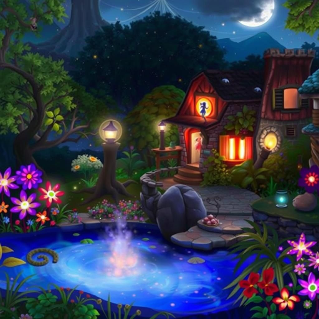 Enchanted Fairy Village at Dusk with Waterfall