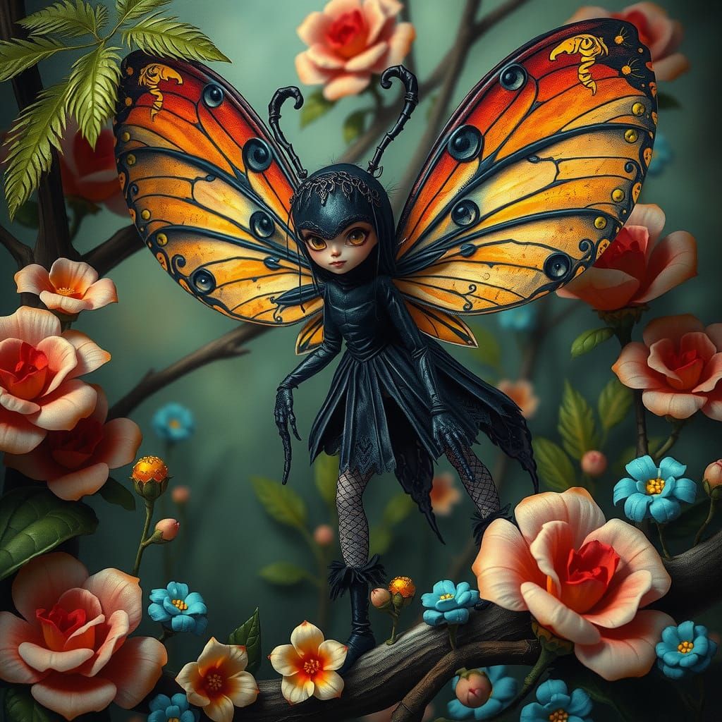 Whimsical Beetle Fairy in Dreamlike Gothic Art Nouveau