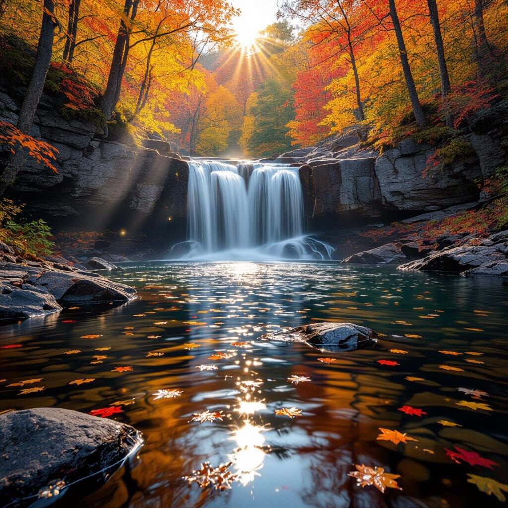 New England Autumn Waterfall in Golden Hour Light