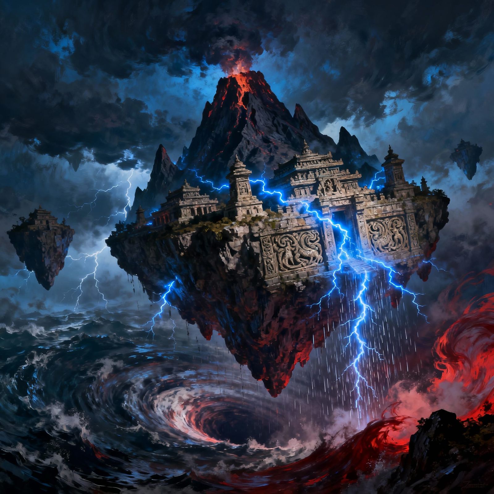 Floating Islands Above Storm Vortex with Ancient Temples