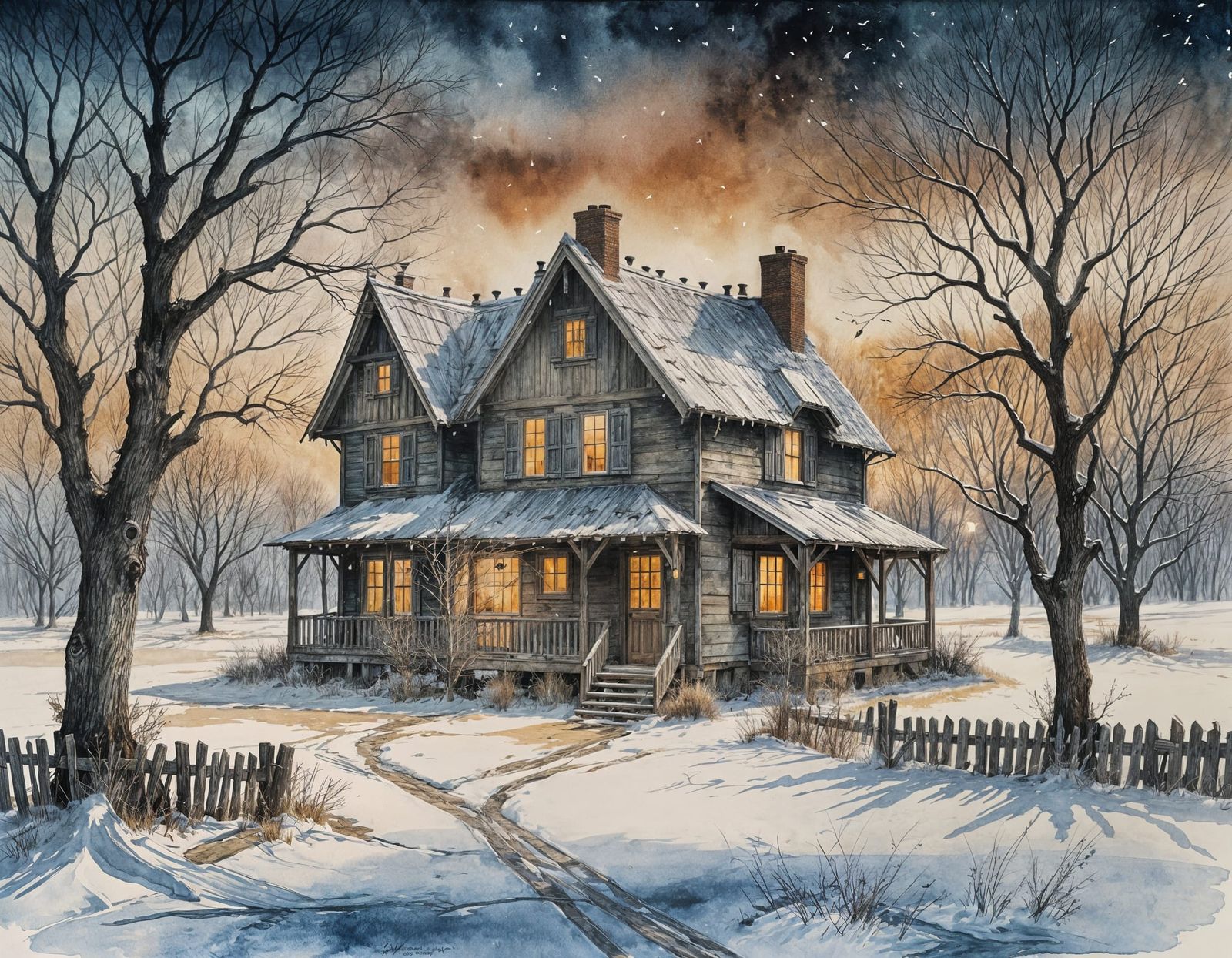 Dilapidated Cottage in Watercolor Style