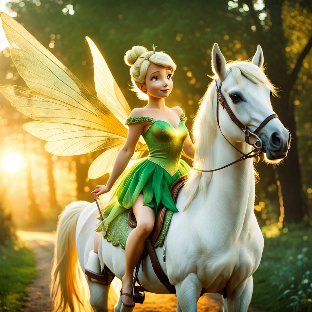 Tinkerbell on White Horse at Sunset: Cinematic Still