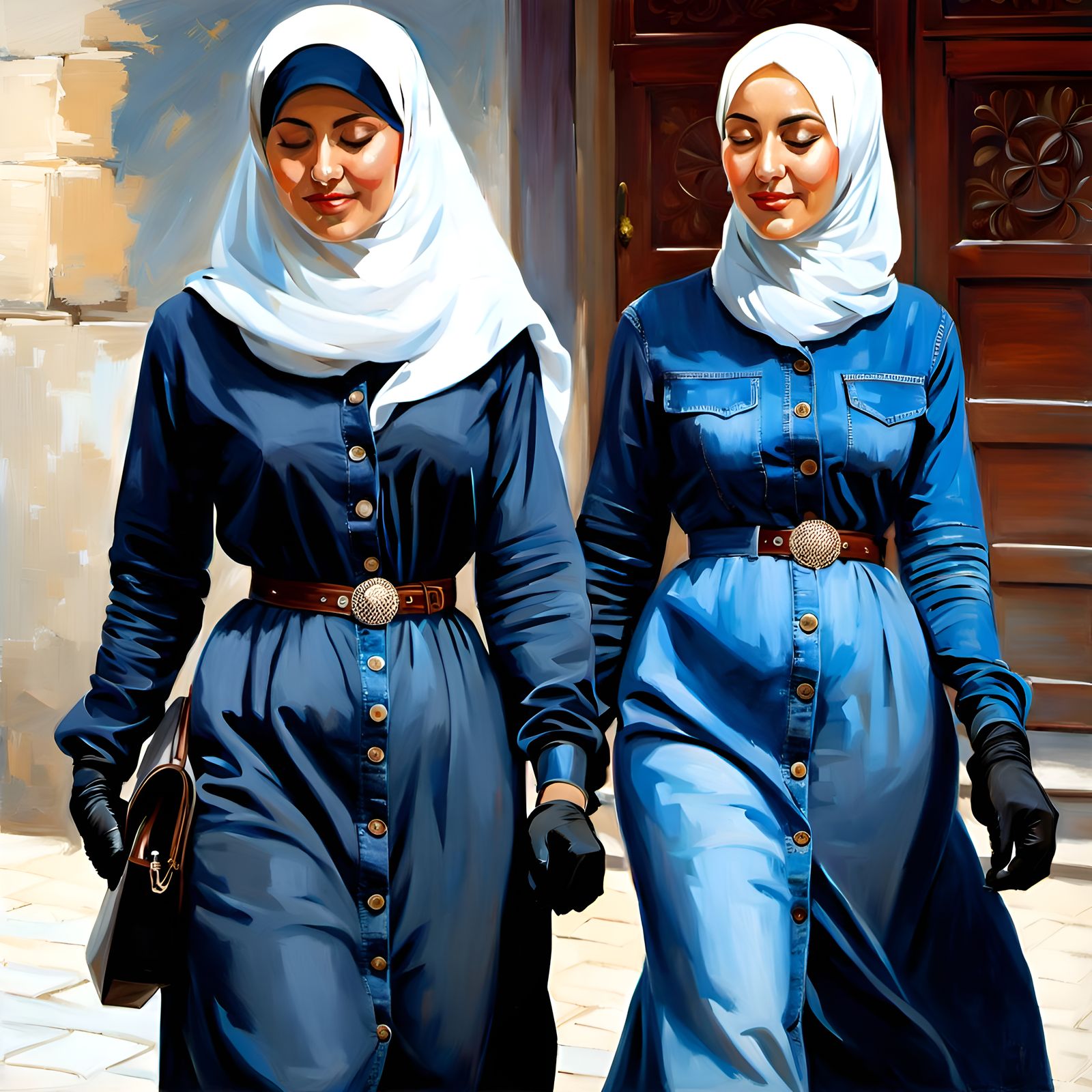 Istanbul Women in Denim Gowns: Oil Painting