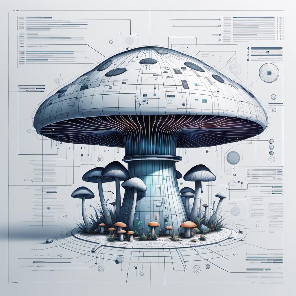 Futuristic Mushroom Schematic on Engineering Grid
