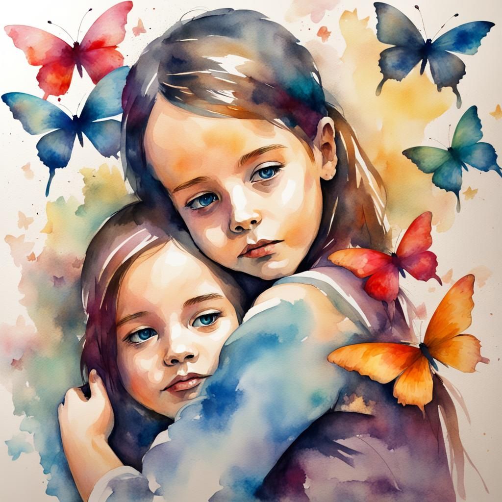 Watercolor Painting of Siblings Surrounded by Butterflies