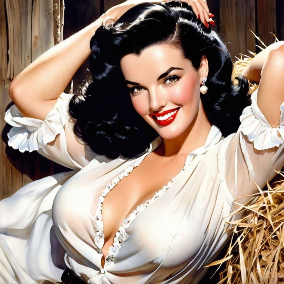 Retro Watercolor of Smiling Woman in Barn, by Vargas