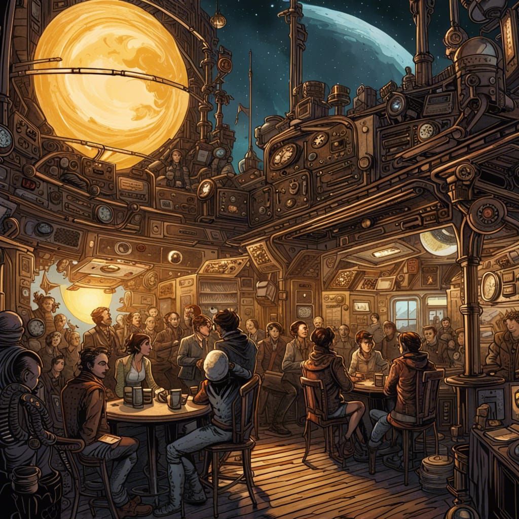 Steampunk Solarpunk Coffee Shop in Space