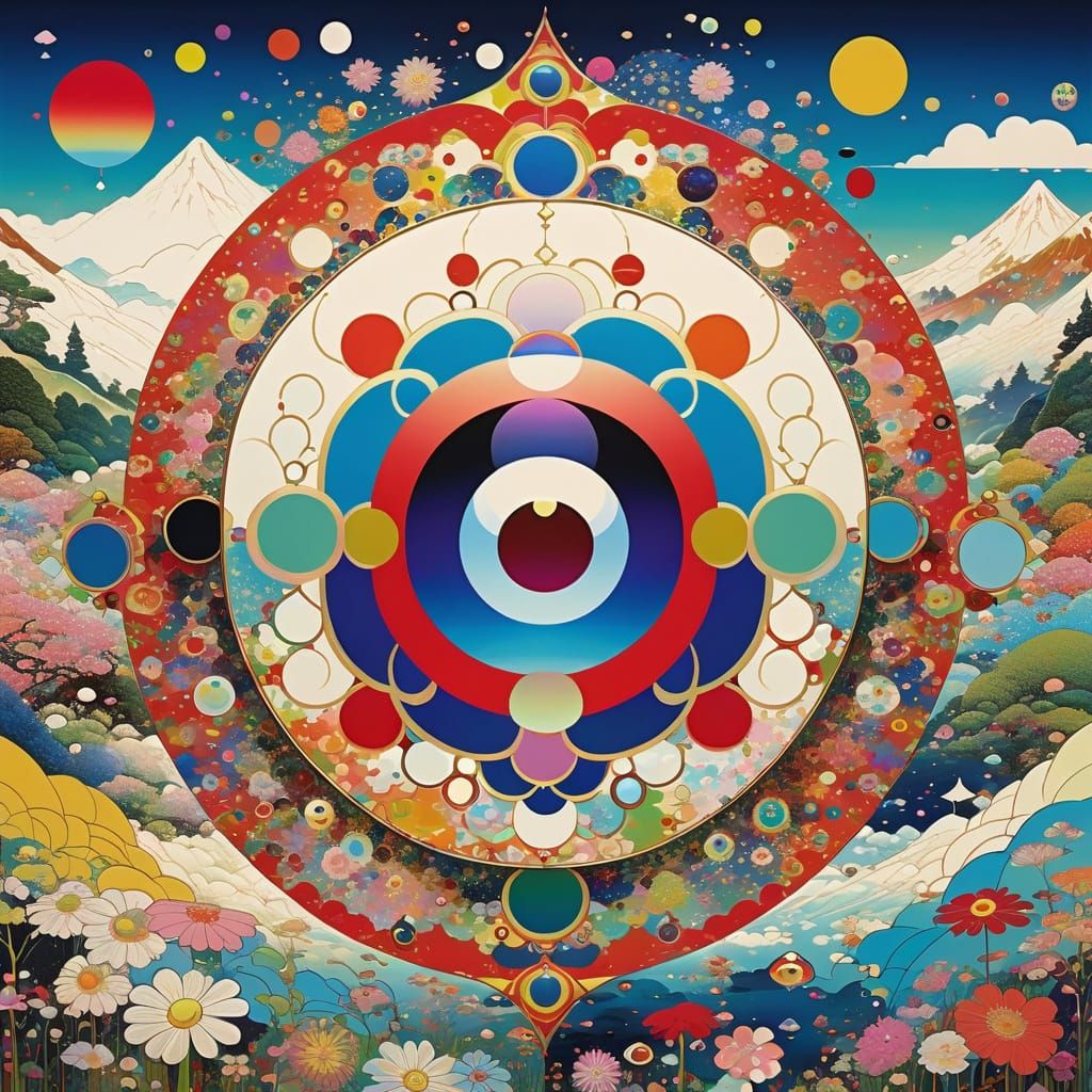 Vibrant Cosmic Kaleidoscope in Takashi Murakami Style