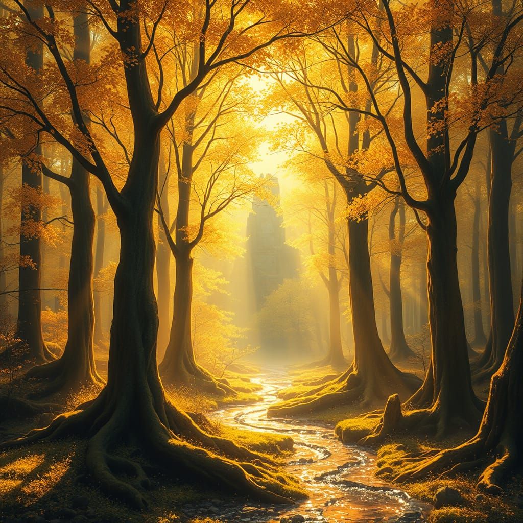 Golden Forest Ethereal Landscape in Painterly Style