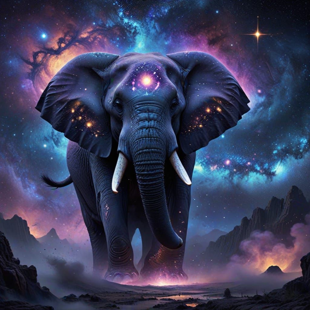 Colossal Cosmic Elephant with Glowing Runes