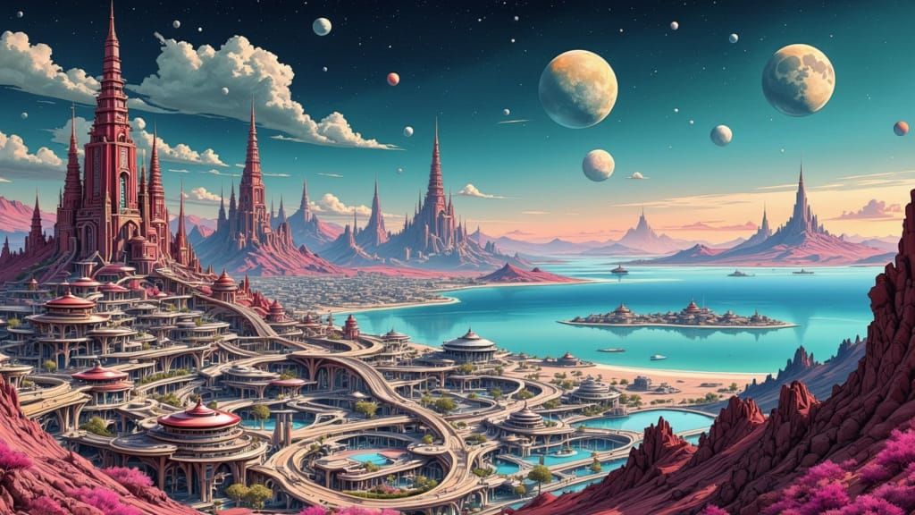 Alien City Vista with Pagoda Buildings and Twin Moons