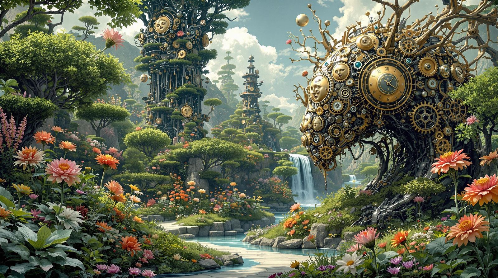 Clockwork Dreamscape: Whimsical Fusion of Nature and Machine