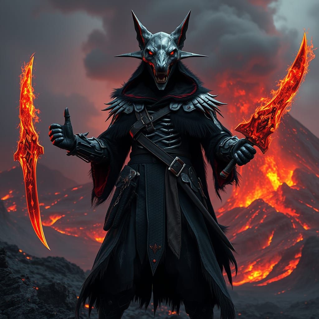 Dark Fantasy Blood Hunter in Wolf Armor, Volcanic Landscape